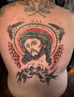 Jesus Christ religious back tattoo, black and grey