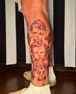 Stacked portrait faces leg tattoo, black and grey