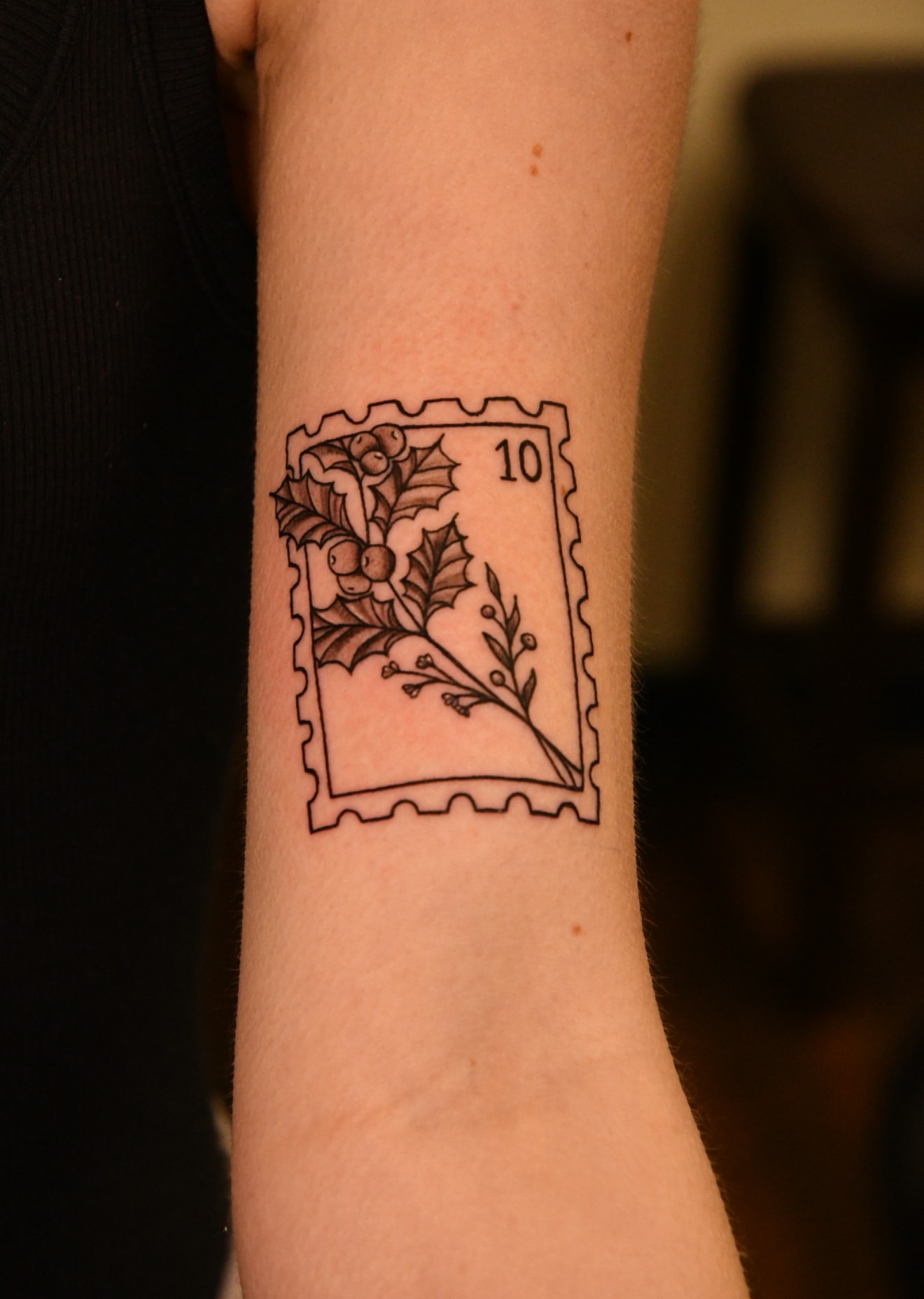 Holly berries postage stamp tattoo, fine line illustrative